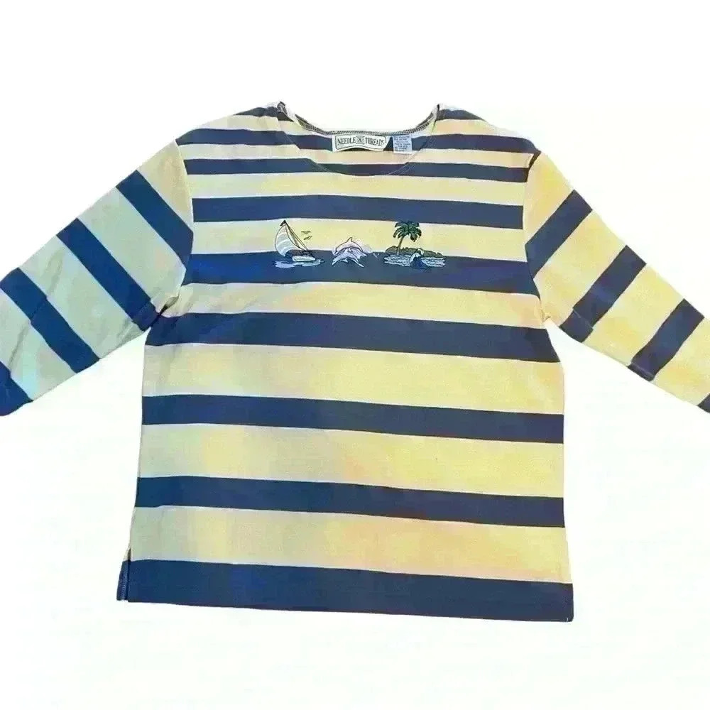 Vintage Needle & Threads Women’s Top Size M Yellow Blue Embroidered Nautical - Picture 3 of 9